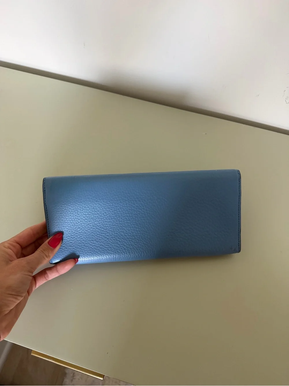 Tory Burch Sky Blue Leather Clutch with Black Logo Trim